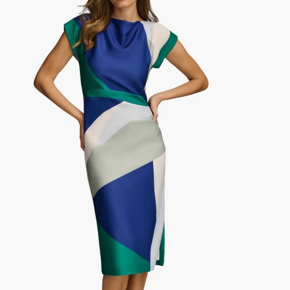 Donna Karan Blue Green Cream Abstract Print Short Sleeve Boat Neck Midi Dress - Picture 2 of 16